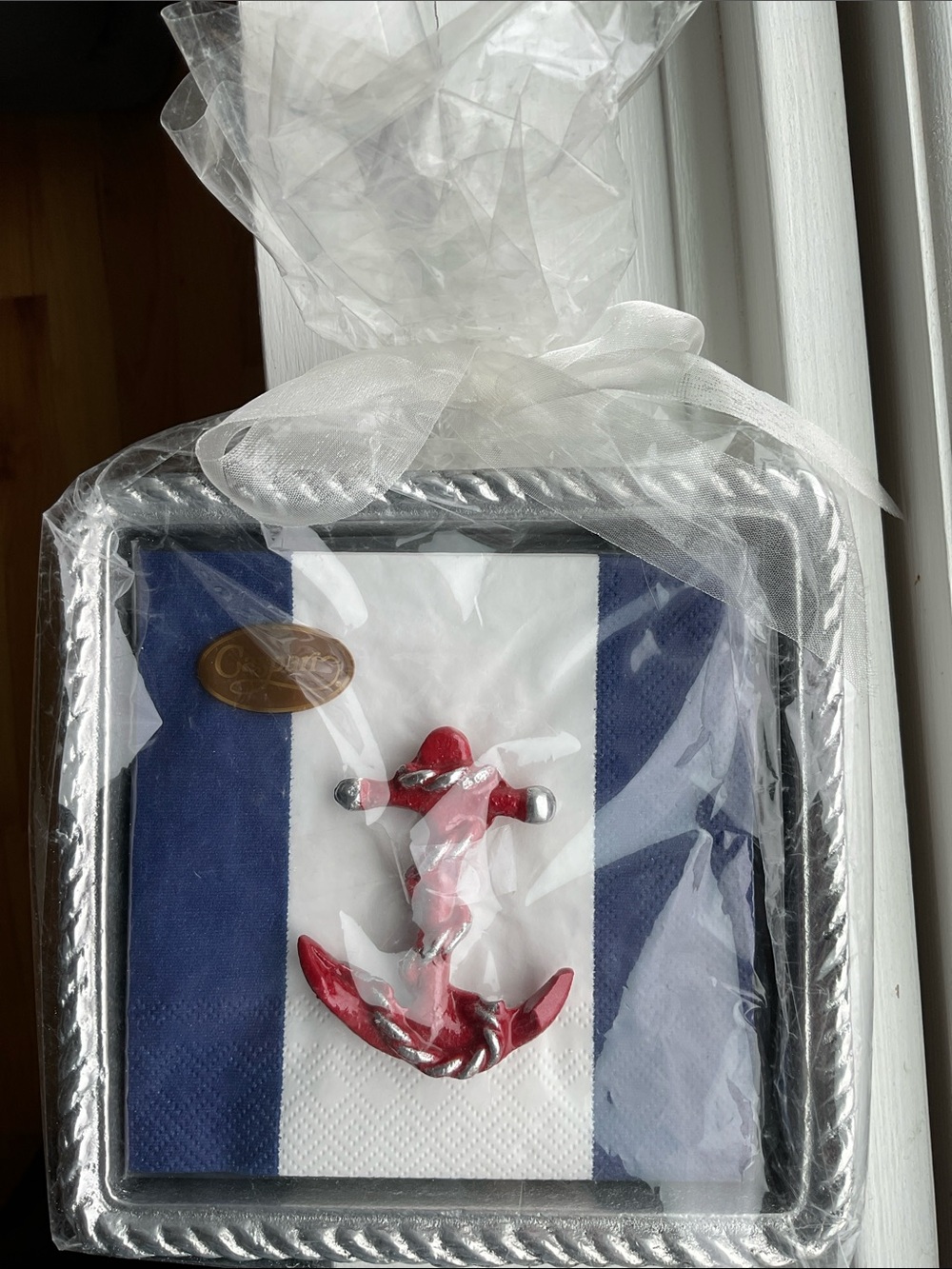 Mariposa cocktail napkin Holder with Red Anchor Accent. NWT